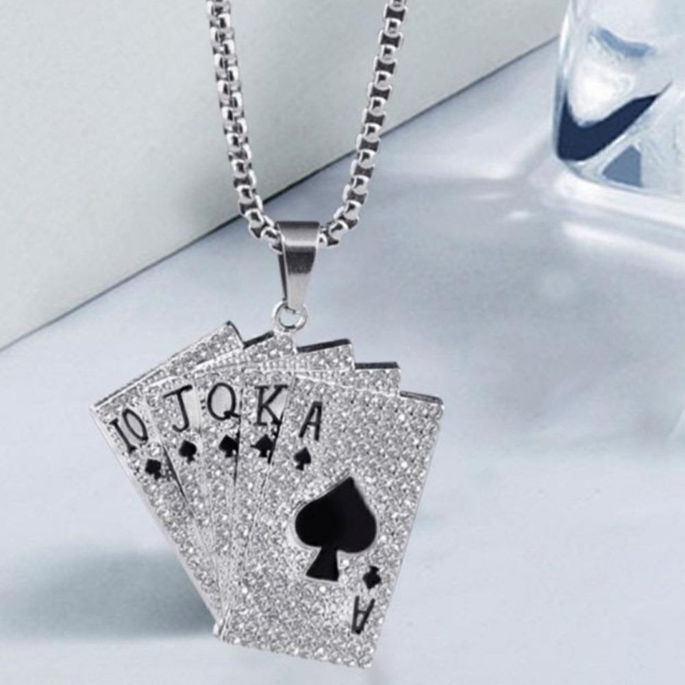 Brand New Rhinestone Poker Cards Silver Necklace